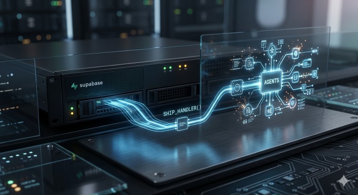 A glowing network diagram with the word AGENTS is connected by a beam to a server.