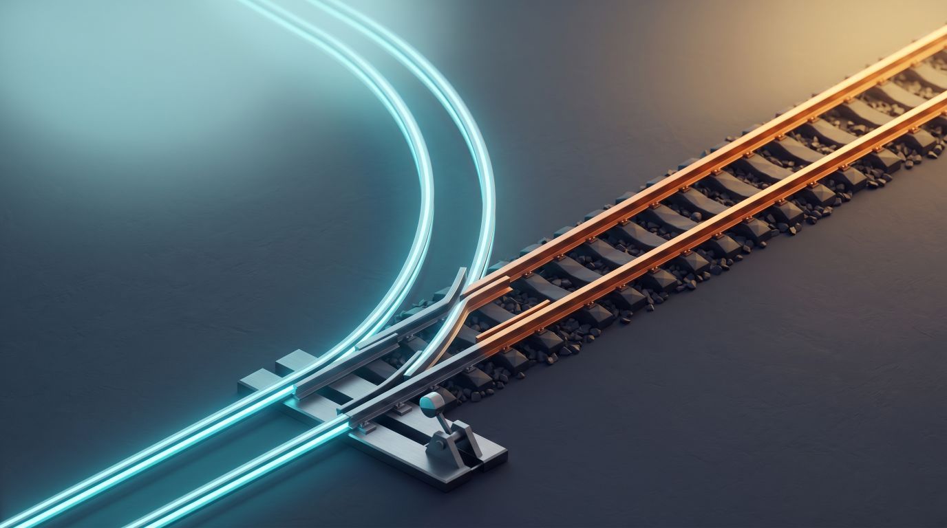 A glowing, forking railroad track on a dark slate background.