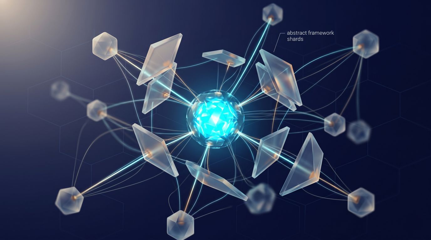 Glowing blue core connected to floating translucent glass framework shards.