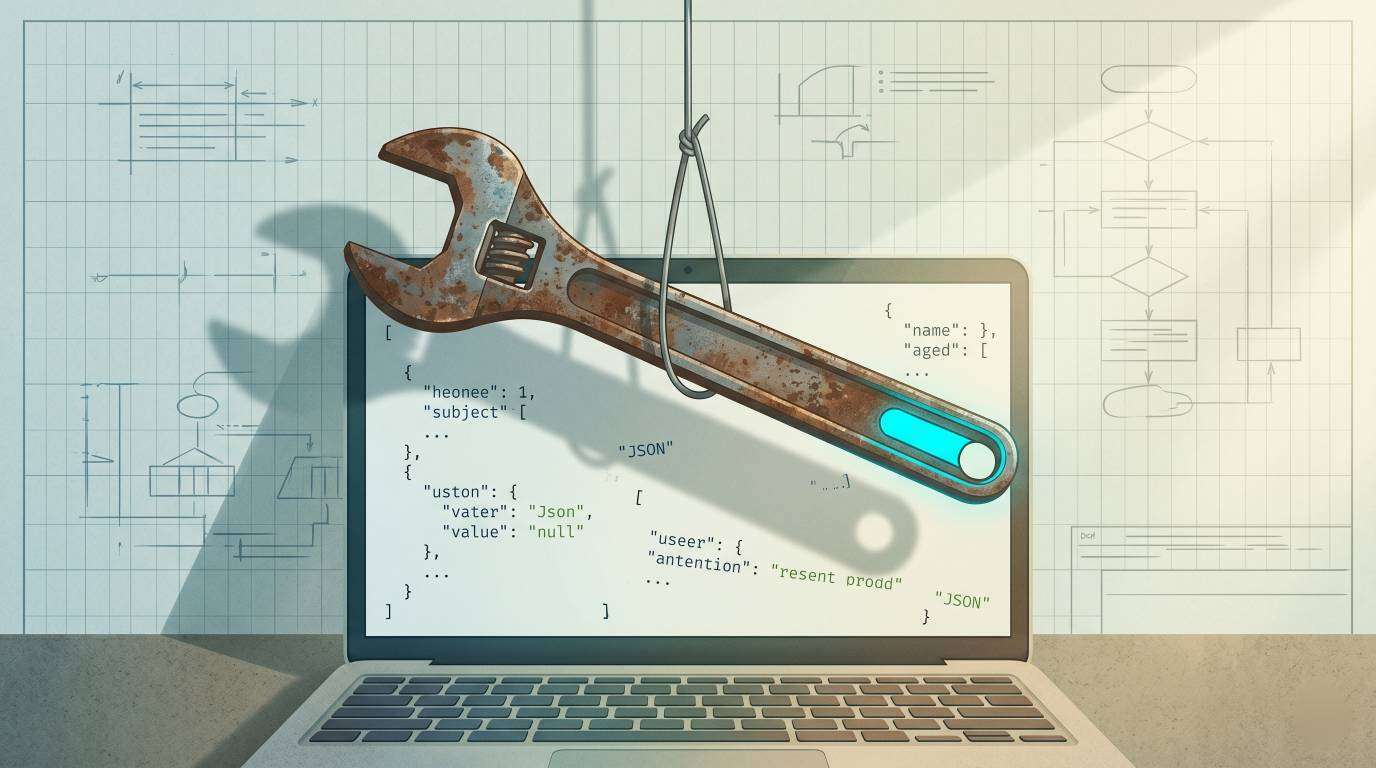 An editorial vector illustration showing a rusting wrench hanging by wire over a laptop displaying JSON data on its screen.