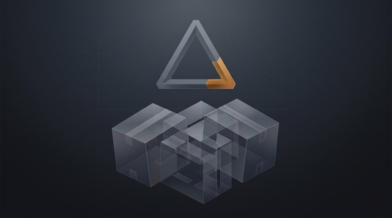 Minimalist warning triangle with amber accent floating above translucent boxes.