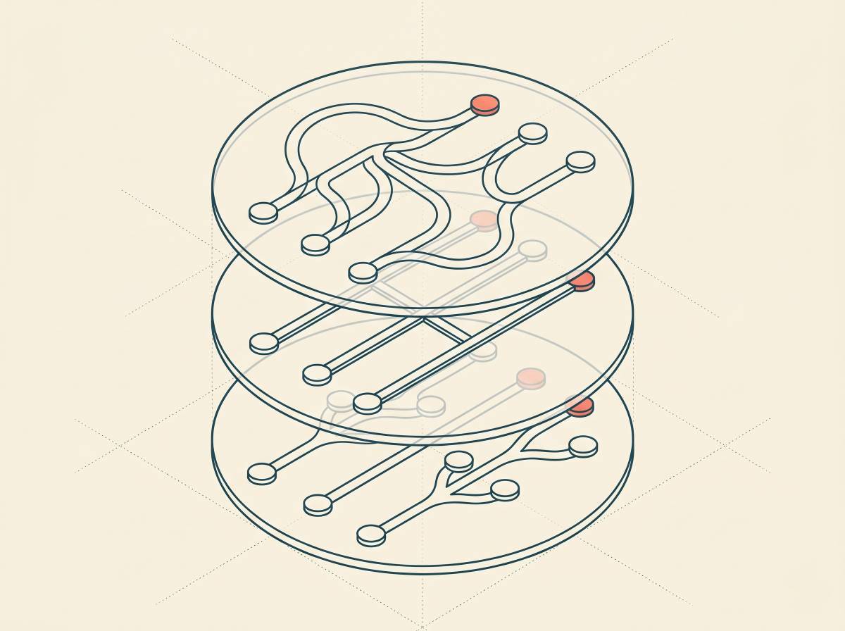 Top-down editorial schematic showing three layered translucent decks stacked at slight rotational offsets, each deck containing the same circular set of input nodes but routed through different connector geometries, curved lanes for the first deck, straight rails for the second, branching tree paths for the third, set against a soft cream background with faint dotted gridlines, monochrome deep-teal linework with a single coral accent highlighting one node per deck, isometric vector-illustration style, matte paper texture, 4:3 aspect, no text, no logos, no watermarks, no UI chrome.