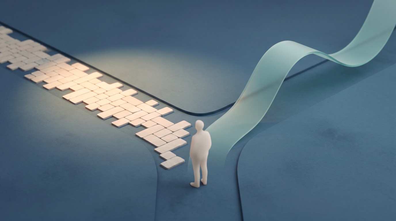 A 3D person stands at a junction on two-toned blue paper. One path is made of glowing white keys, the other is a curved green glass ribbon. The lighting is low.