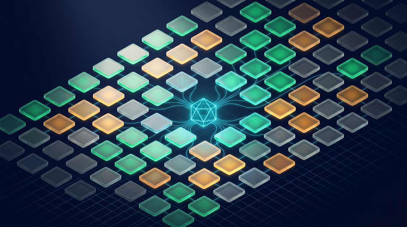 Isometric translucent tiles glowing in emerald, amber, and grey.