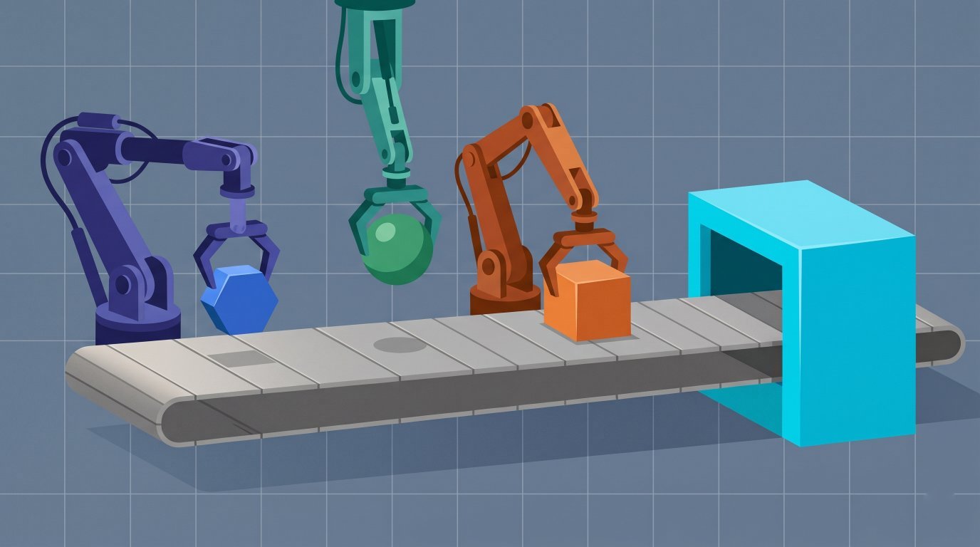 Flat editorial vector illustration of shapes placed on a conveyor belt.