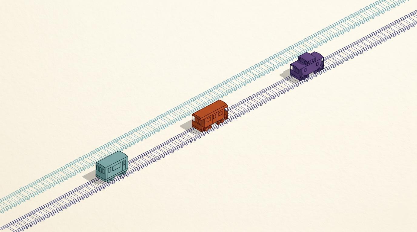 Minimalist editorial illustration of three colorful train-cars on parallel tracks.
