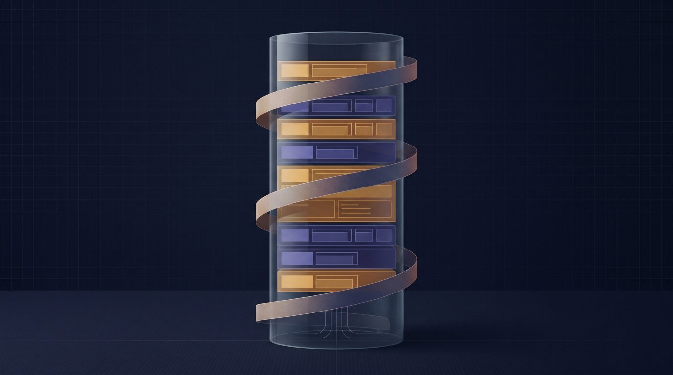 This technical diagram features a vertical glass cylinder containing horizontal amber and indigo layers.