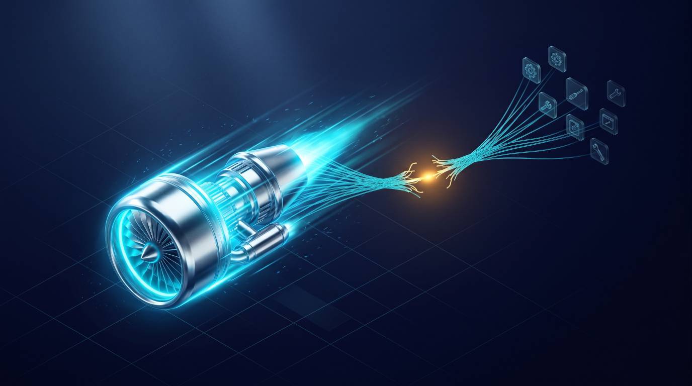 An isometric 3D illustration of a chrome turbine engine.