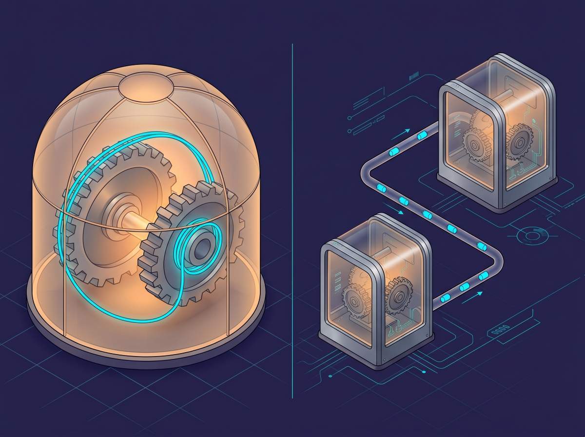 Isometric editorial illustration contrasting shared memory (left) with IPC (right).