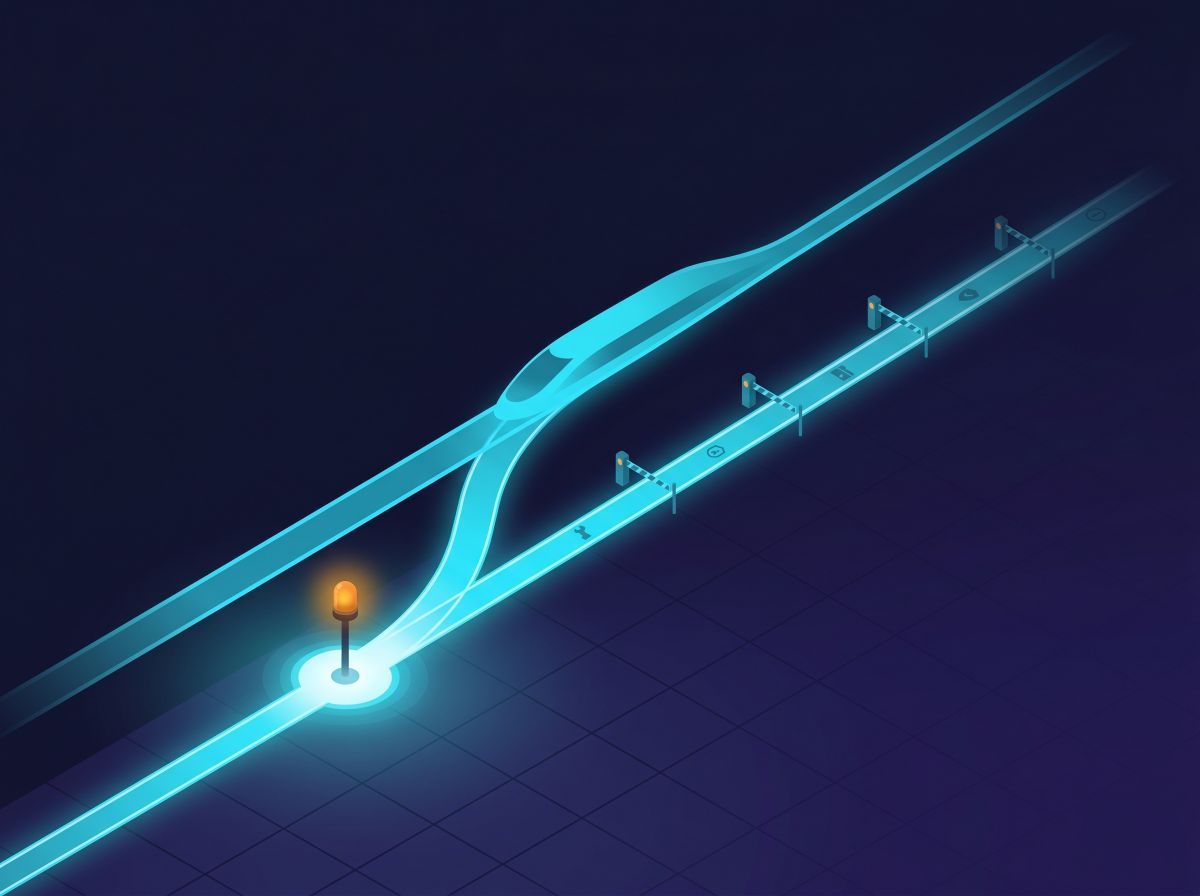 Isometric conceptual illustration of diverging glowing tracks with barrier gates.