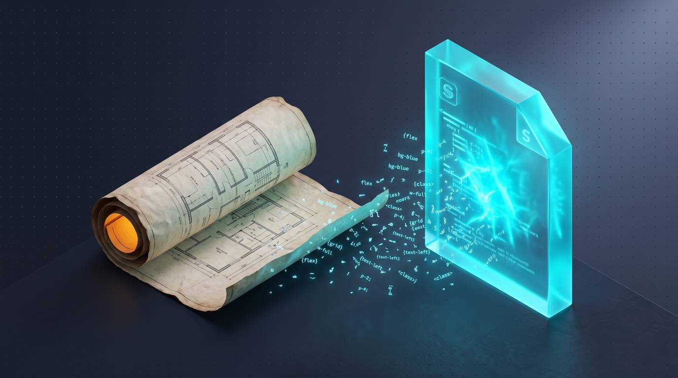 Isometric 3D illustration of blueprint morphing into glowing crystal CSS file.