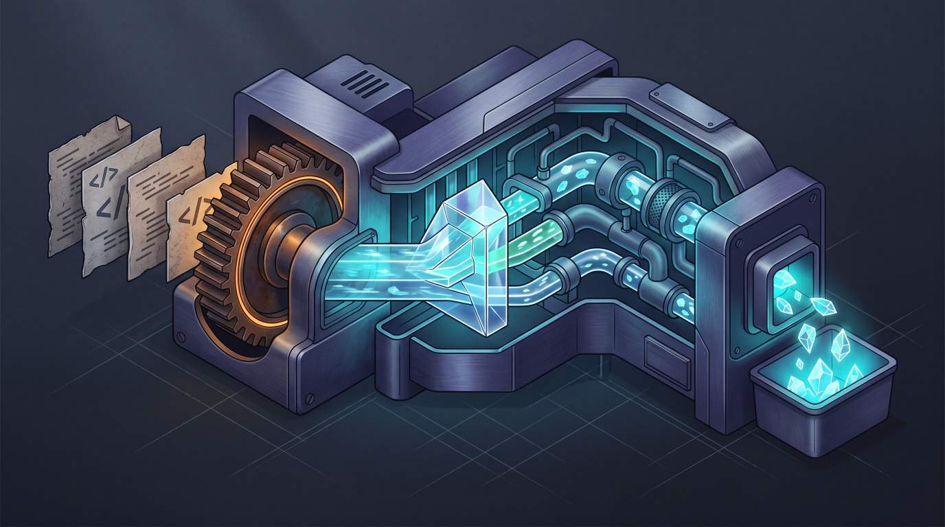 Isometric cross-section illustration of a CSS build pipeline machine.