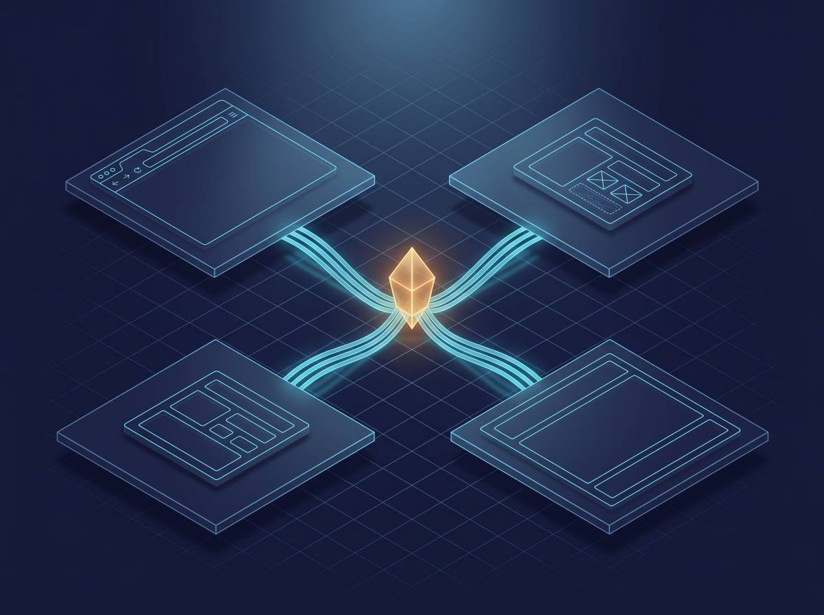 Glowing amber crystal connected by lines to four web interfaces.