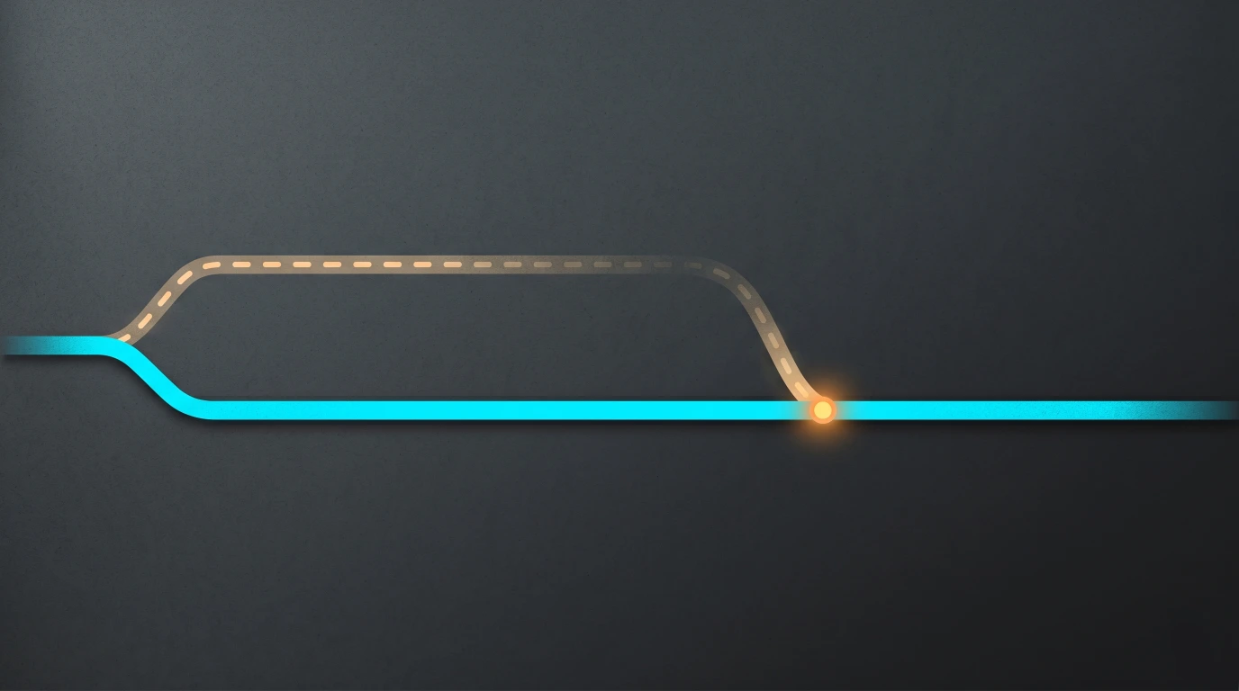 Abstract graphic shows a dotted amber line merging into a solid blue line.
