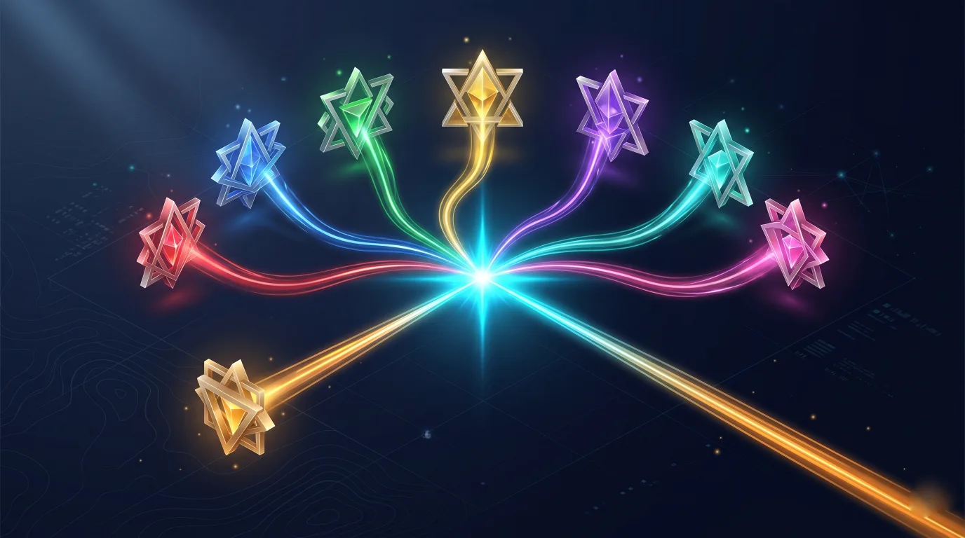 Isometric editorial illustration of crystalline emblems converging into cyan light.
