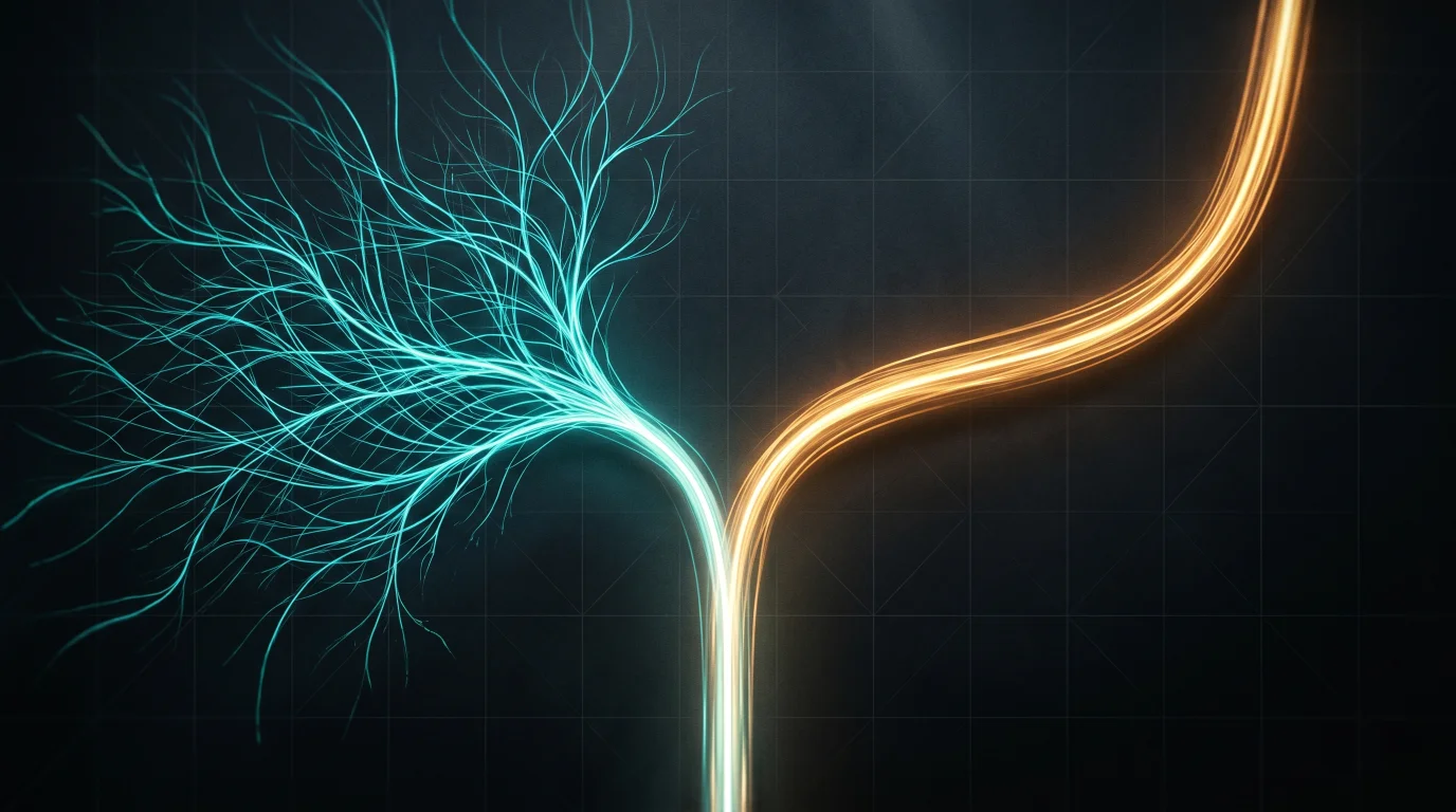 Glowing split pathway diverging into cyan filaments and an amber channel.