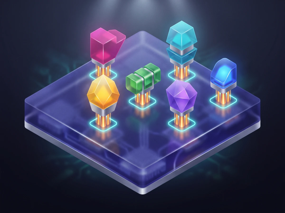An isometric tech-illustration of colorful shapes plugging into an indigo slab.