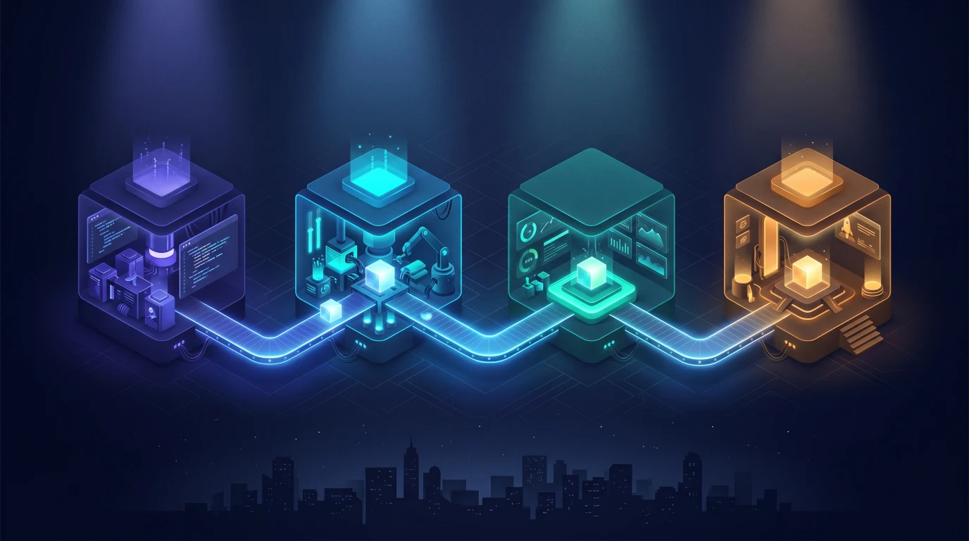 Isometric four-station software assembly line with glowing cube track.