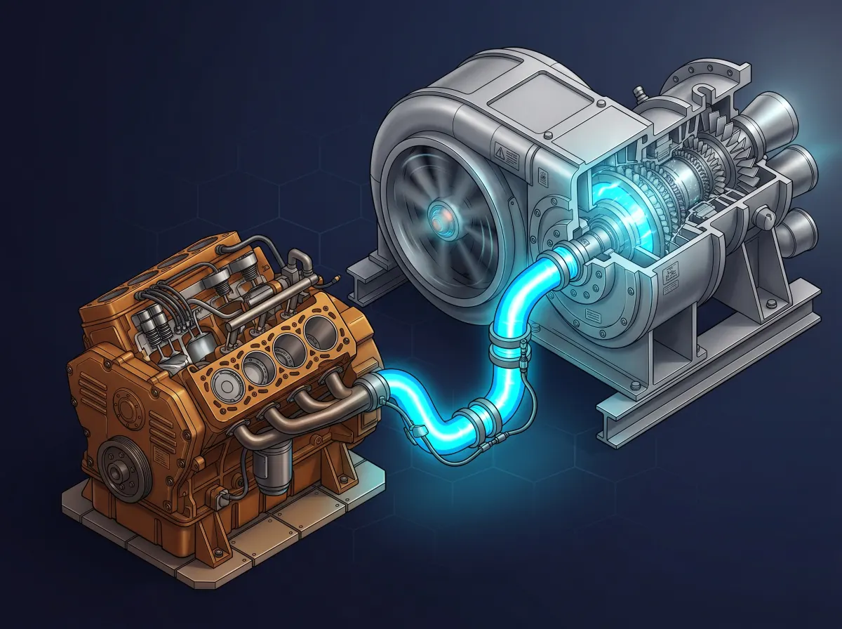 Isometric tech illustration of a turbine powering an amber engine.