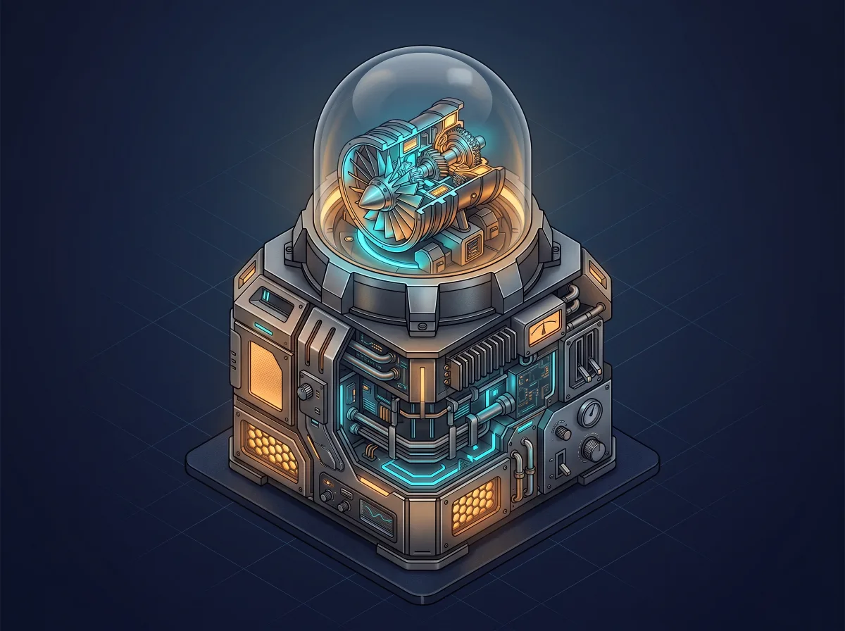 Isometric tech illustration of a glowing turbine in a glass dome.