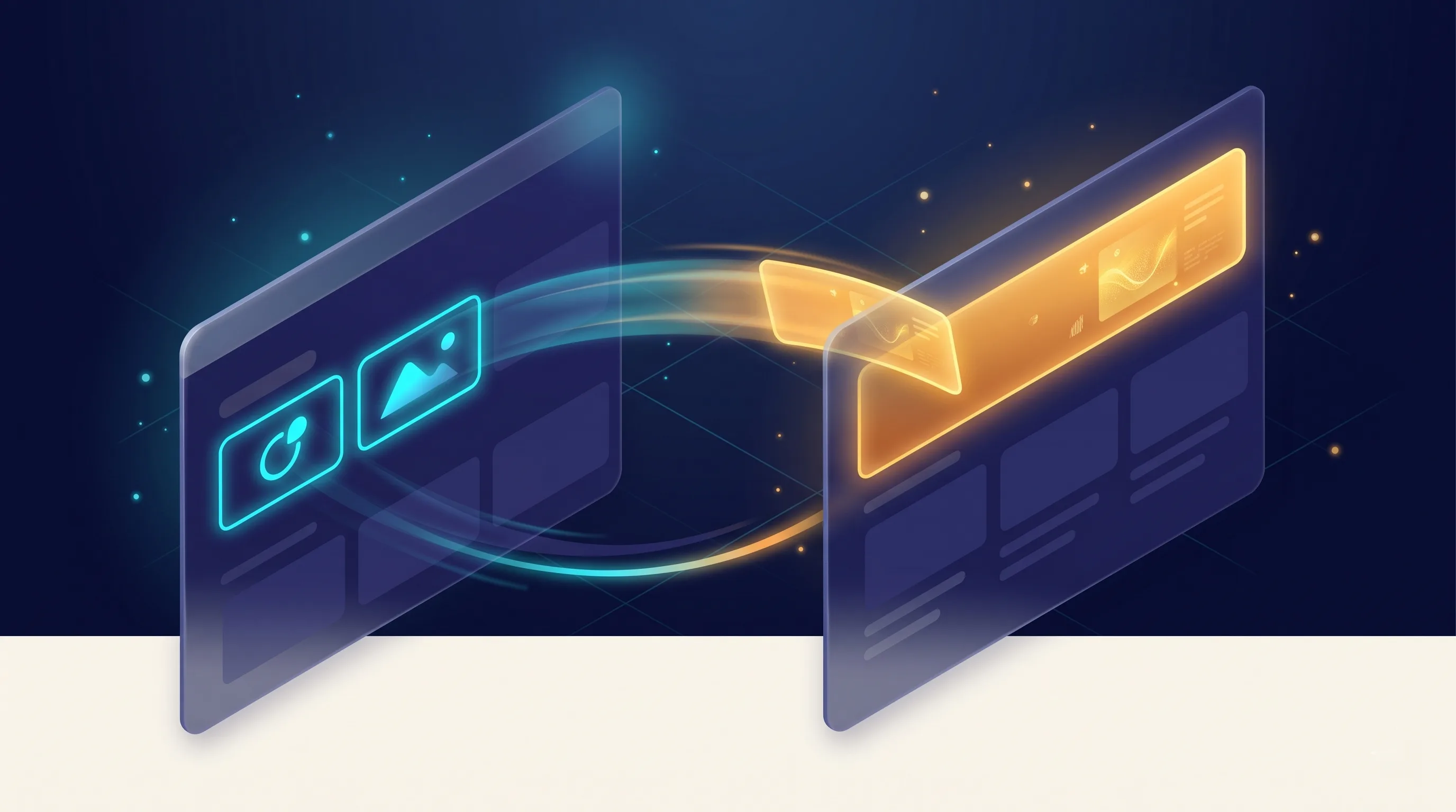 An isometric vector illustration of two panels showing a UI transition.