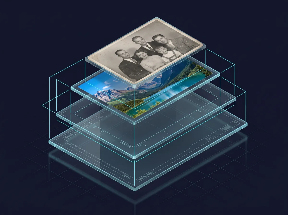 Four nested translucent glass layers floating in stacked isometric depth.