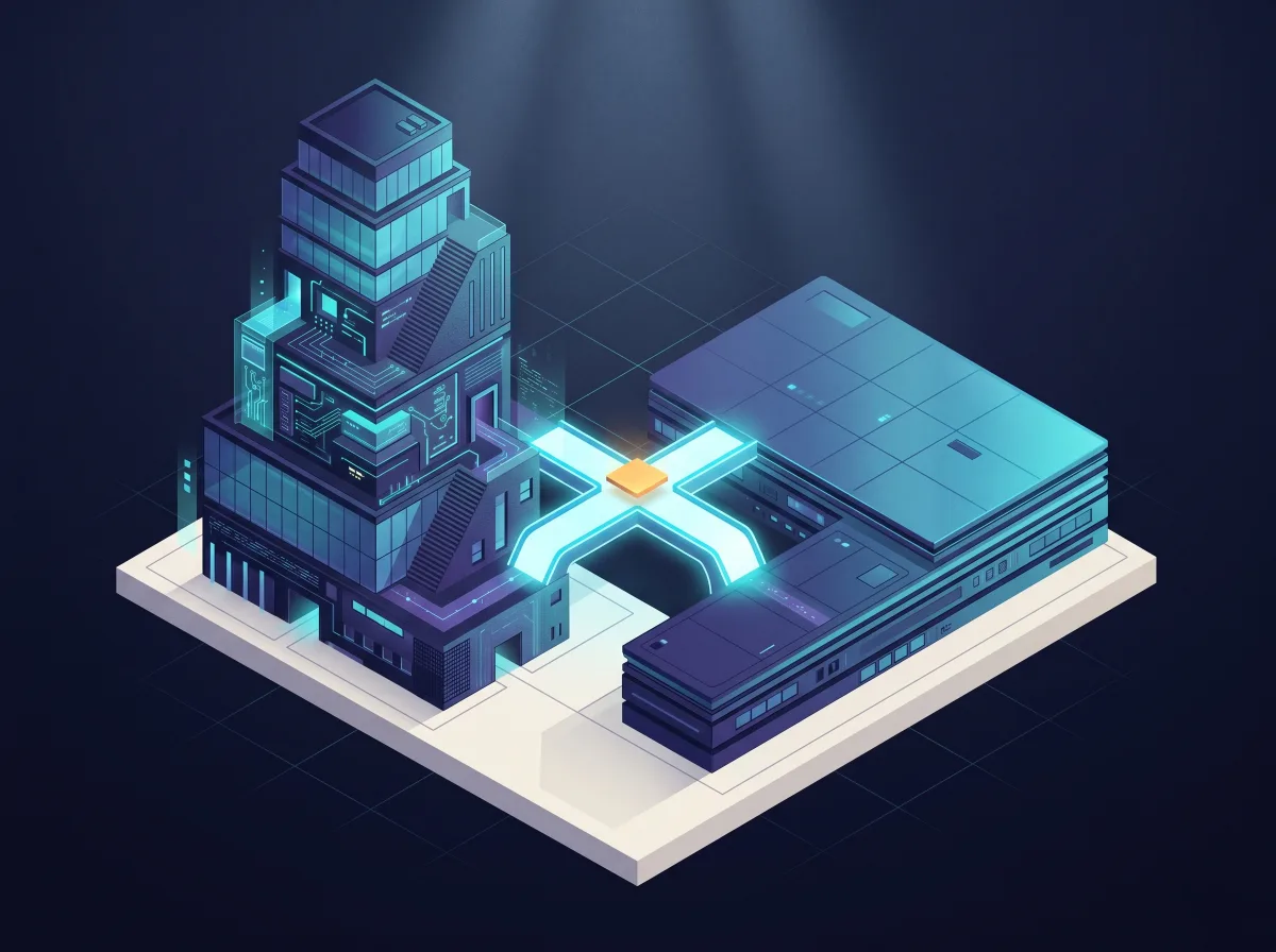 Isometric tech illustration of a tower and slab connected by a glowing bridge.