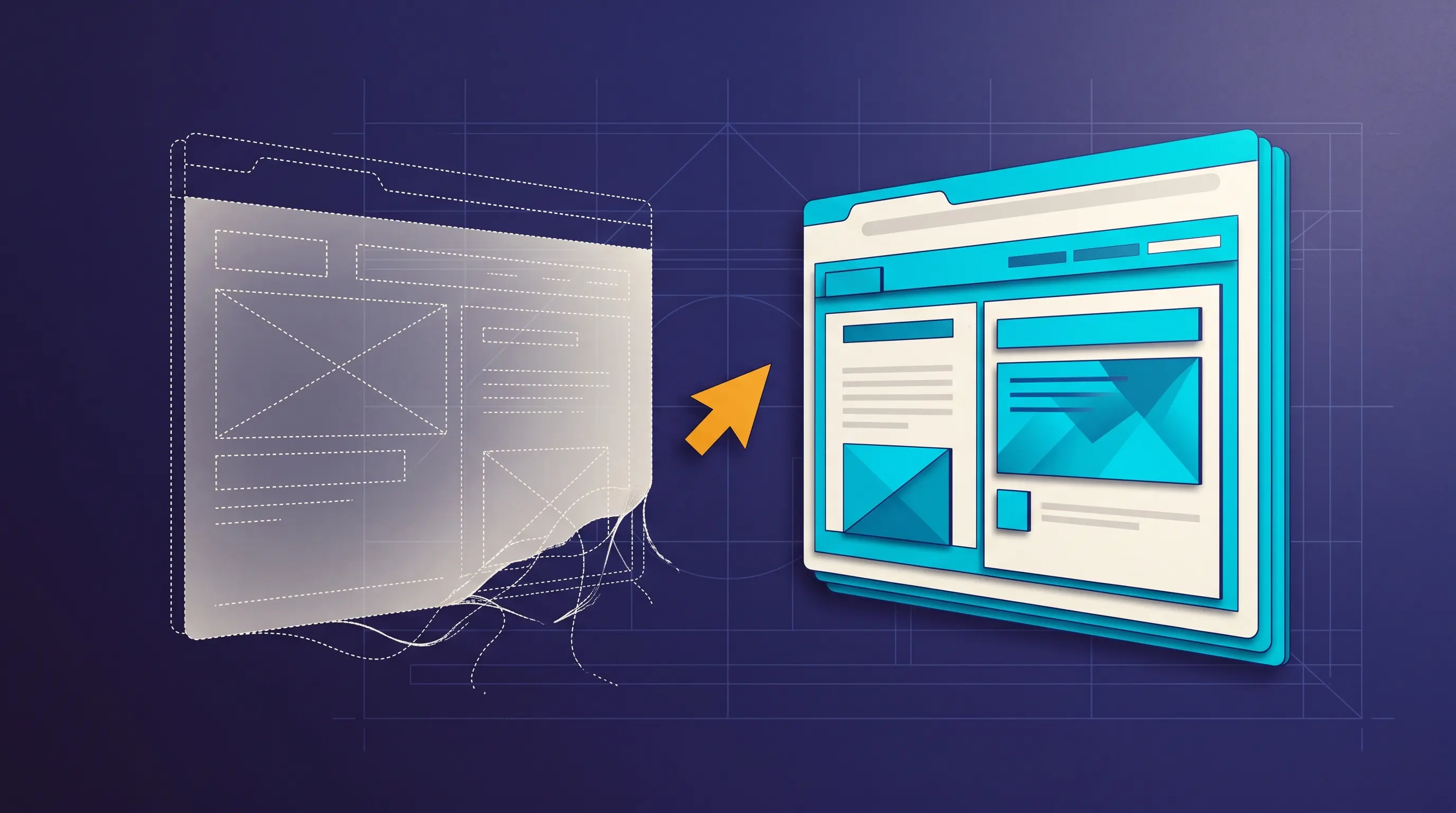 Evolution from transparent wireframe to solid finished webpage