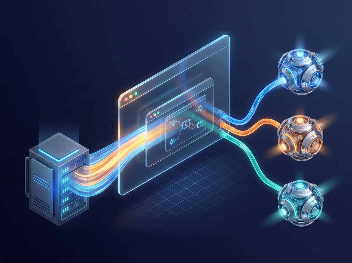 Isometric server node streaming light into an open browser window.