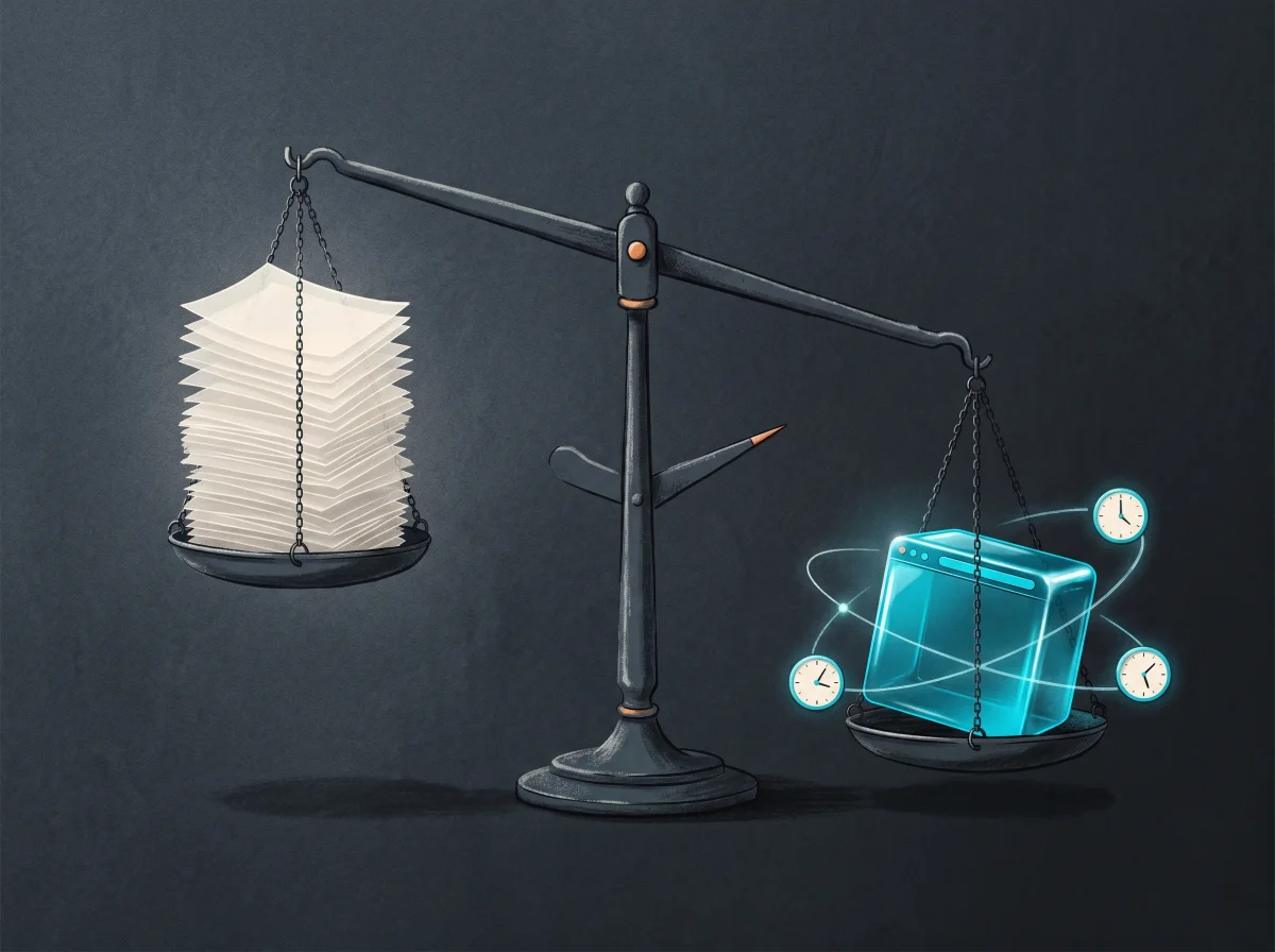 Glowing browser cube outweighing papers on a balance scale.