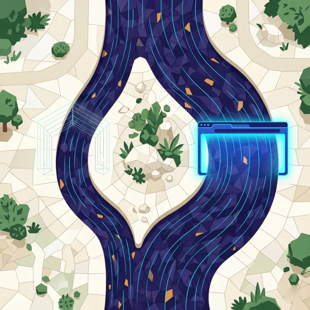 Tiled river splitting around an island into two digital gates.