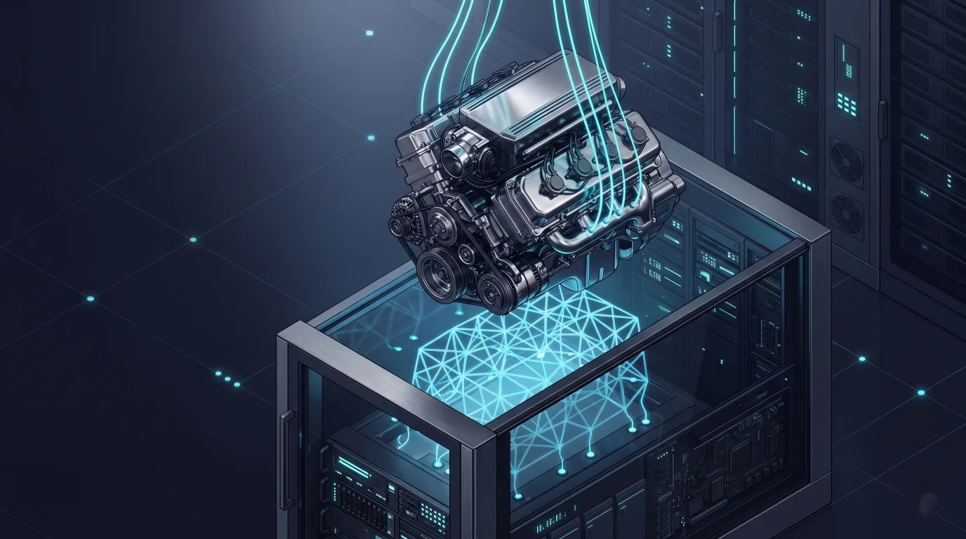 Isometric 3D illustration of an engine block lifted from a server.