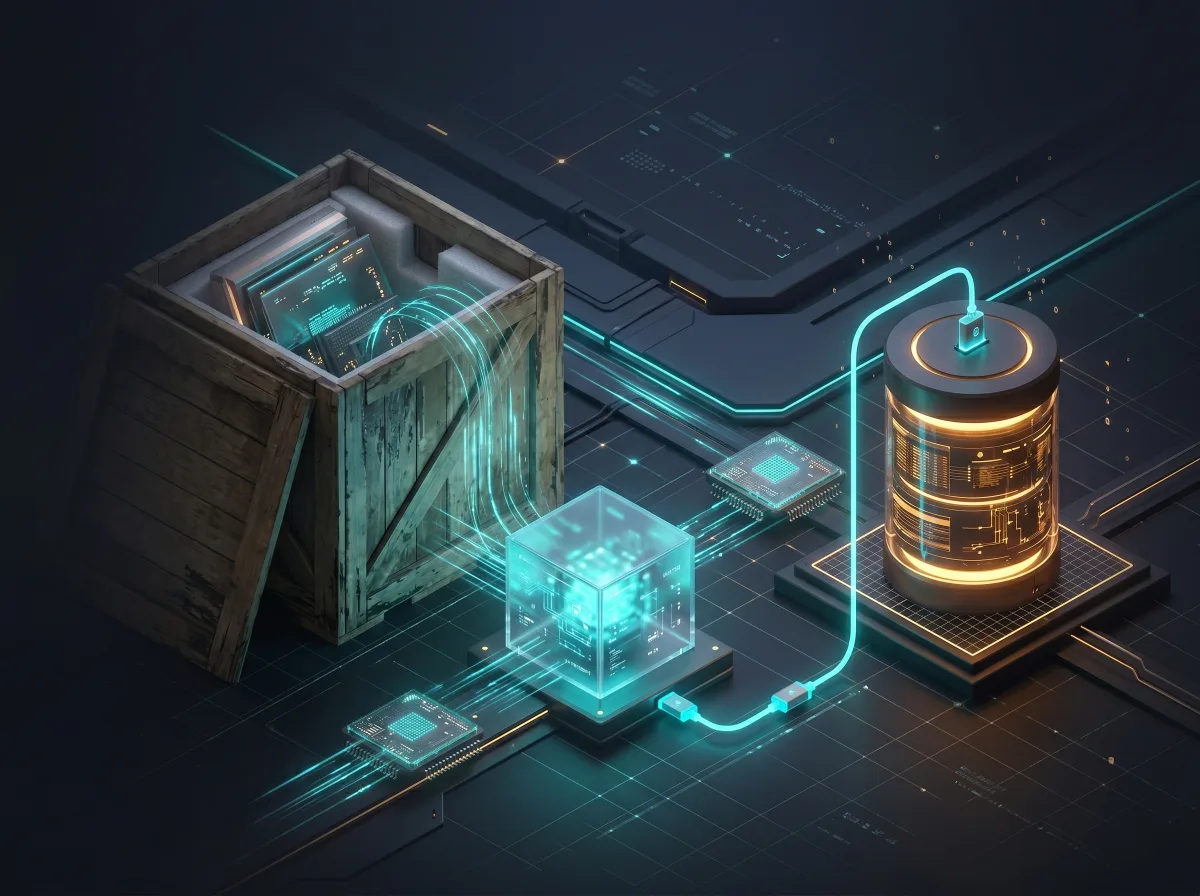 Isometric 3D software unpacking into small glass cube illustration-edited