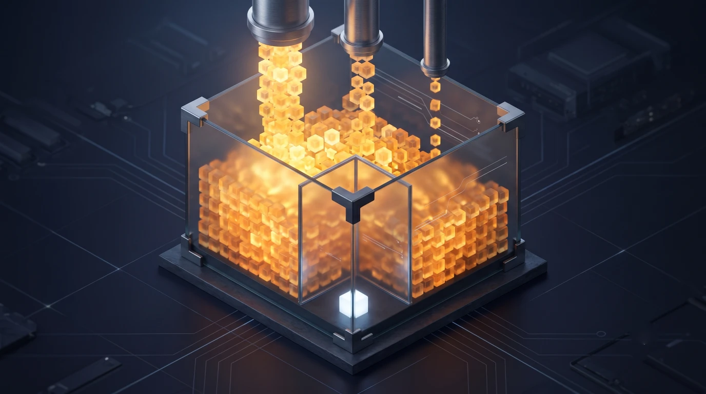 Isometric 3D container filling with glowing data blocks