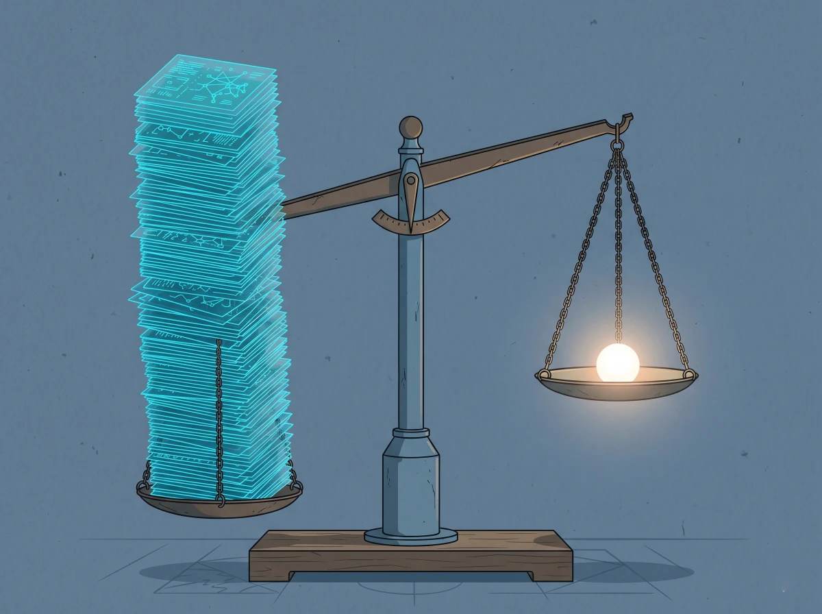Old-fashioned balance scale tipped downward by a massive stack of glowing cyan cards