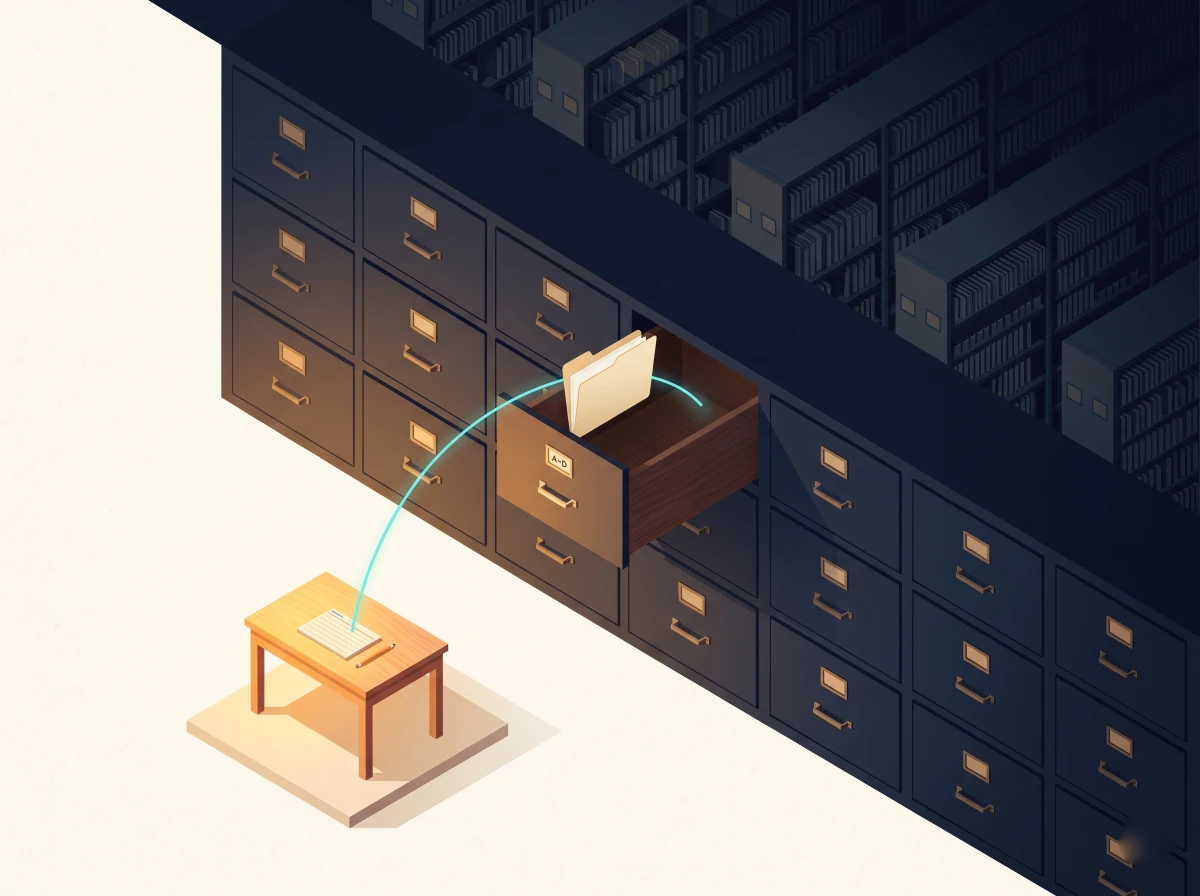 Isometric archive illustration with file moving toward a reading desk