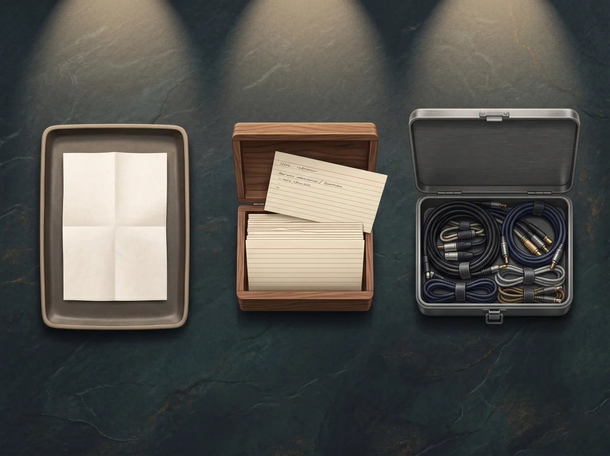 Three organized containers on a dark slate desk, top-down view