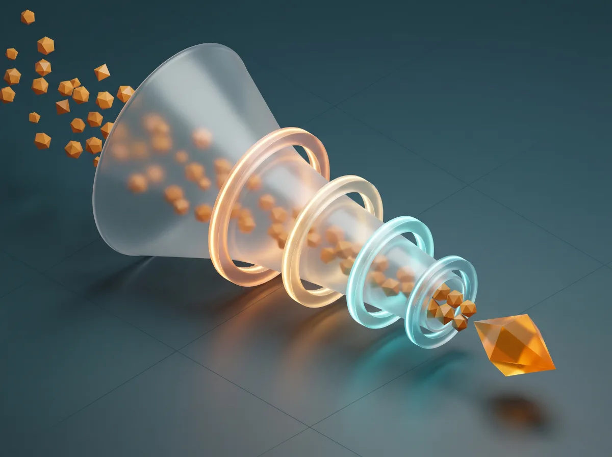 An isometric frosted glass funnel filtering amber polyhedra into a crystal