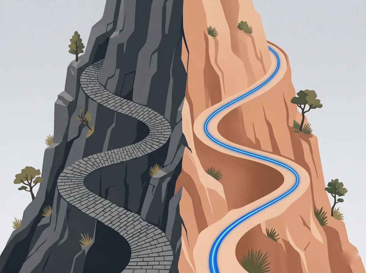 Split-composition illustration of meticulous slate and smooth sandstone mountain path