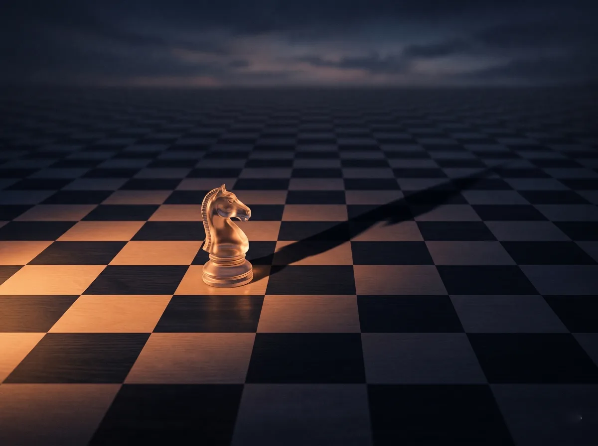 Glass chess knight casting long shadow on vast, dark chessboard-edited
