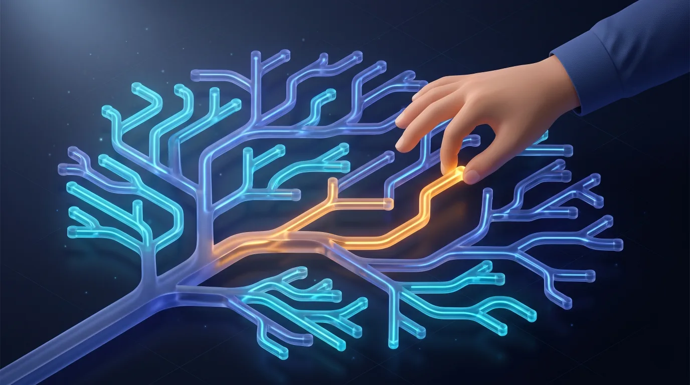 3D illustration of a hand rerouting a glowing glass decision tree.