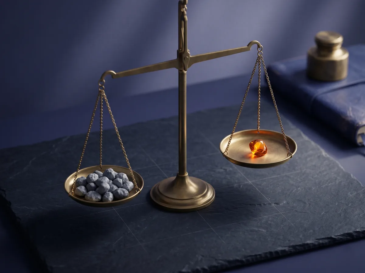 An editorial illustration of a brass scale balancing a gemstone