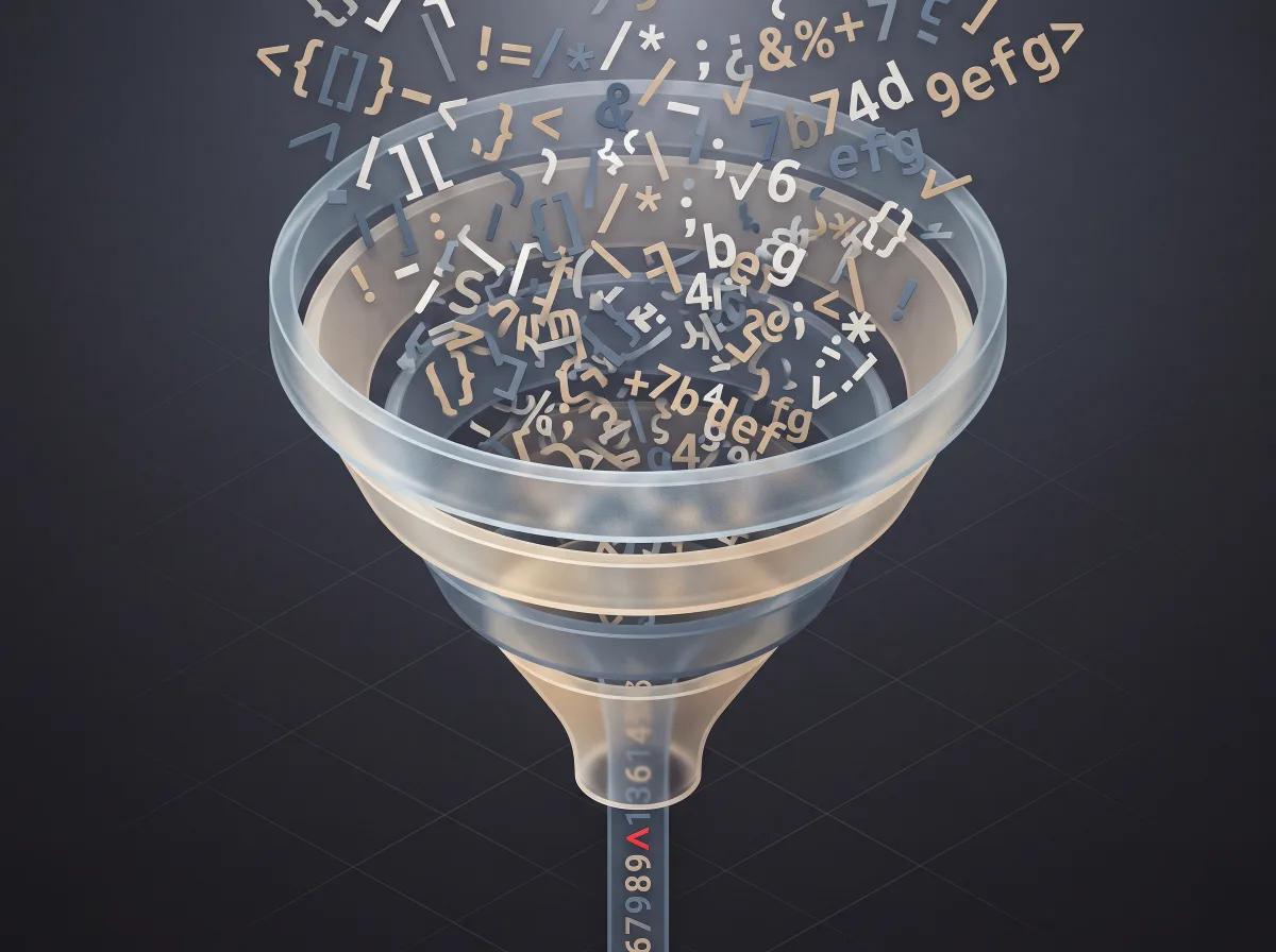 Isometric 3D illustration of a glass funnel filtering code