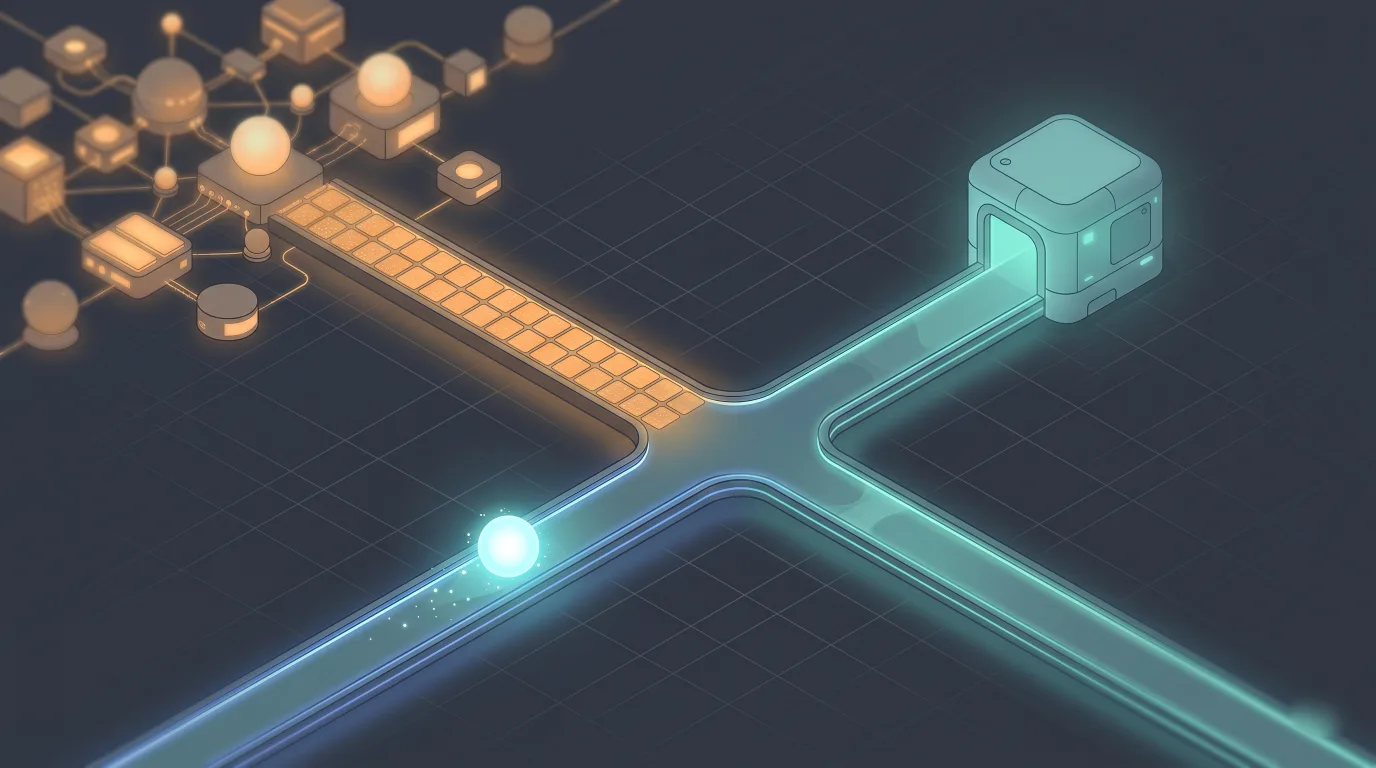 An isometric illustration of a data packet at a fork