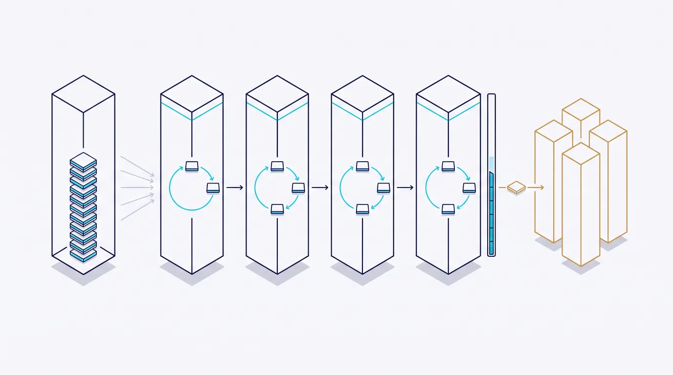 Isometric schematic of multi-threaded async runtime with task queues