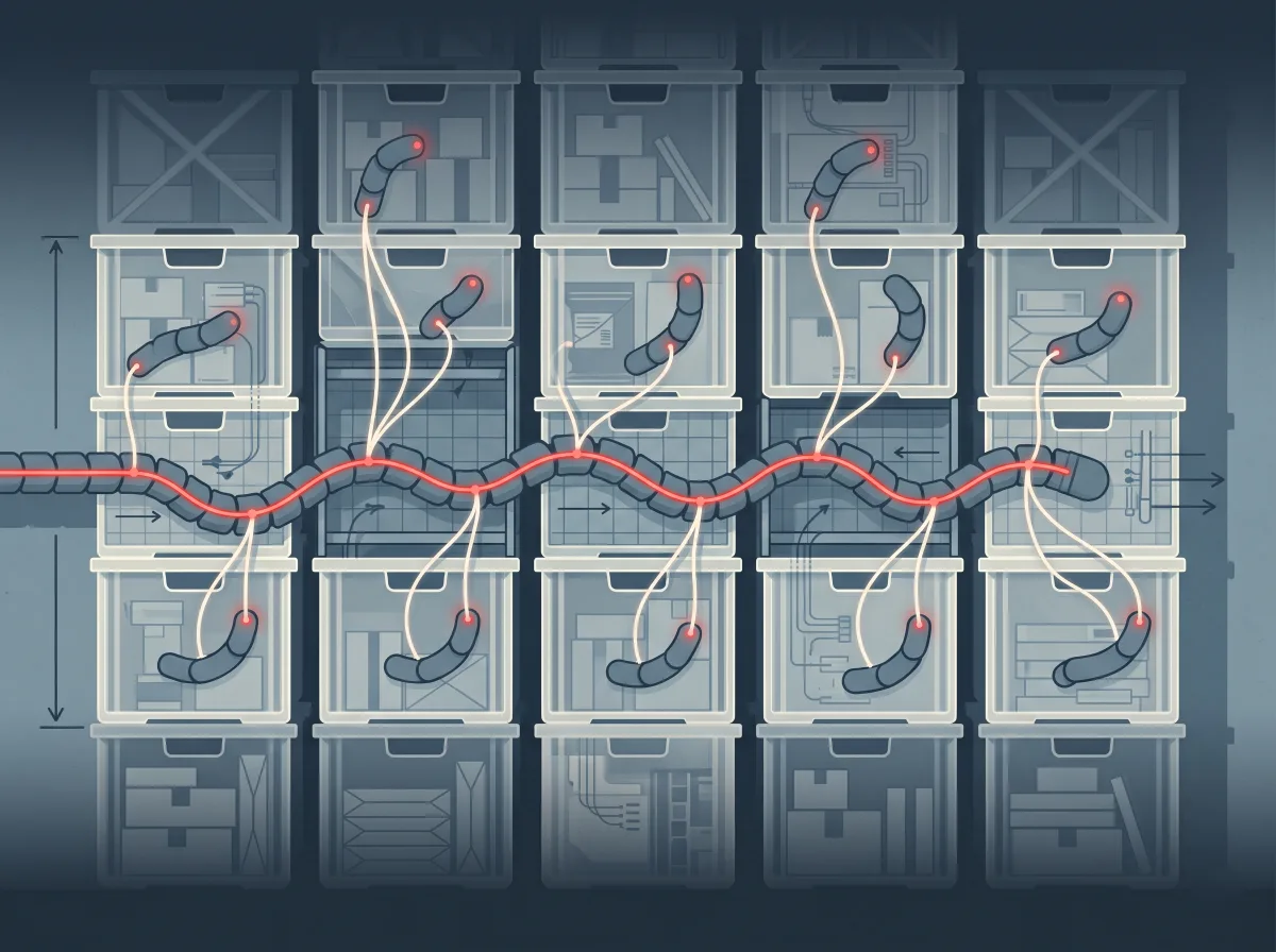 Vector illustration of a segmented worm cloning into translucent crates