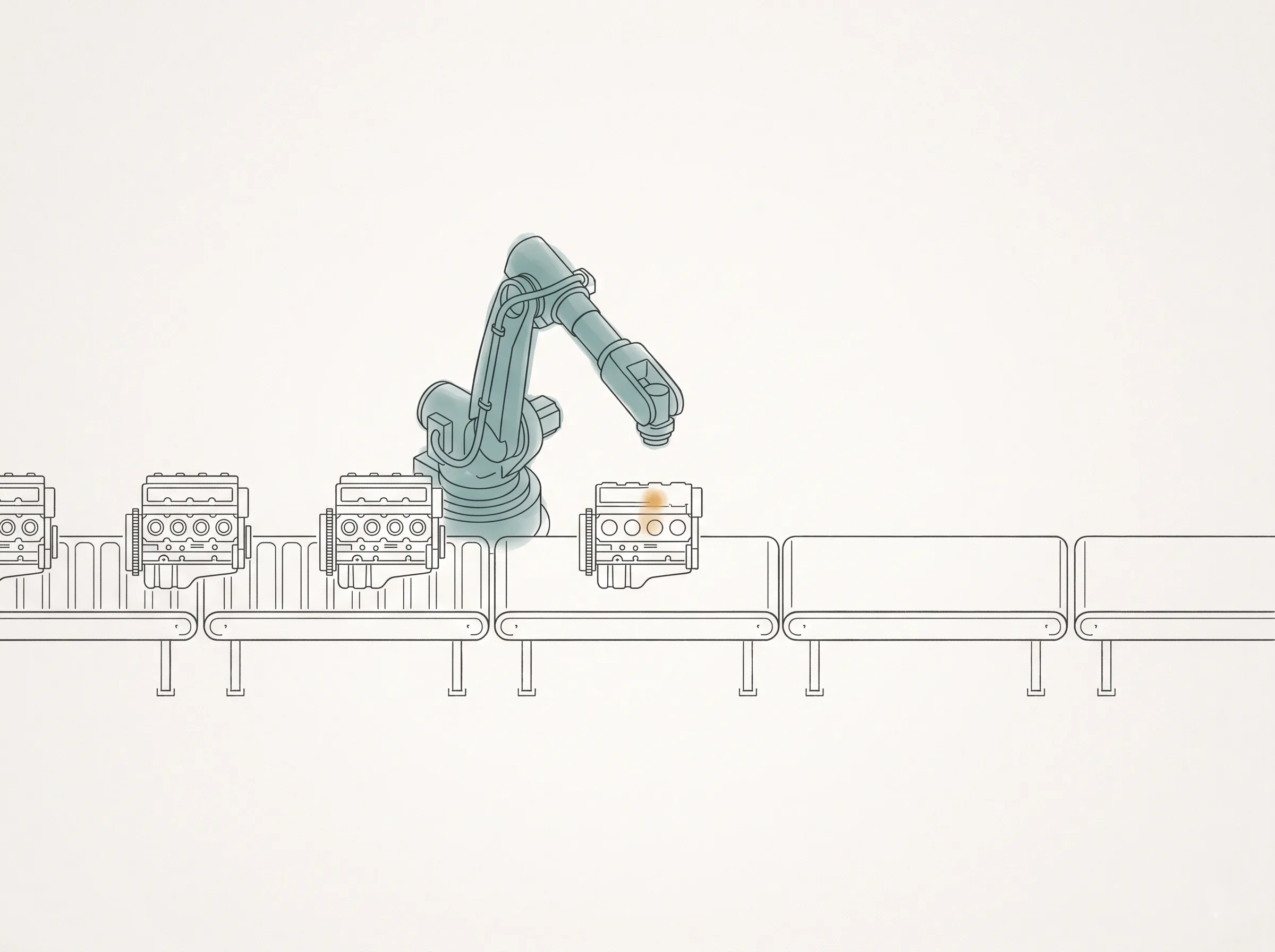 Minimalist schematic diagram of a halted robotic arm over engine