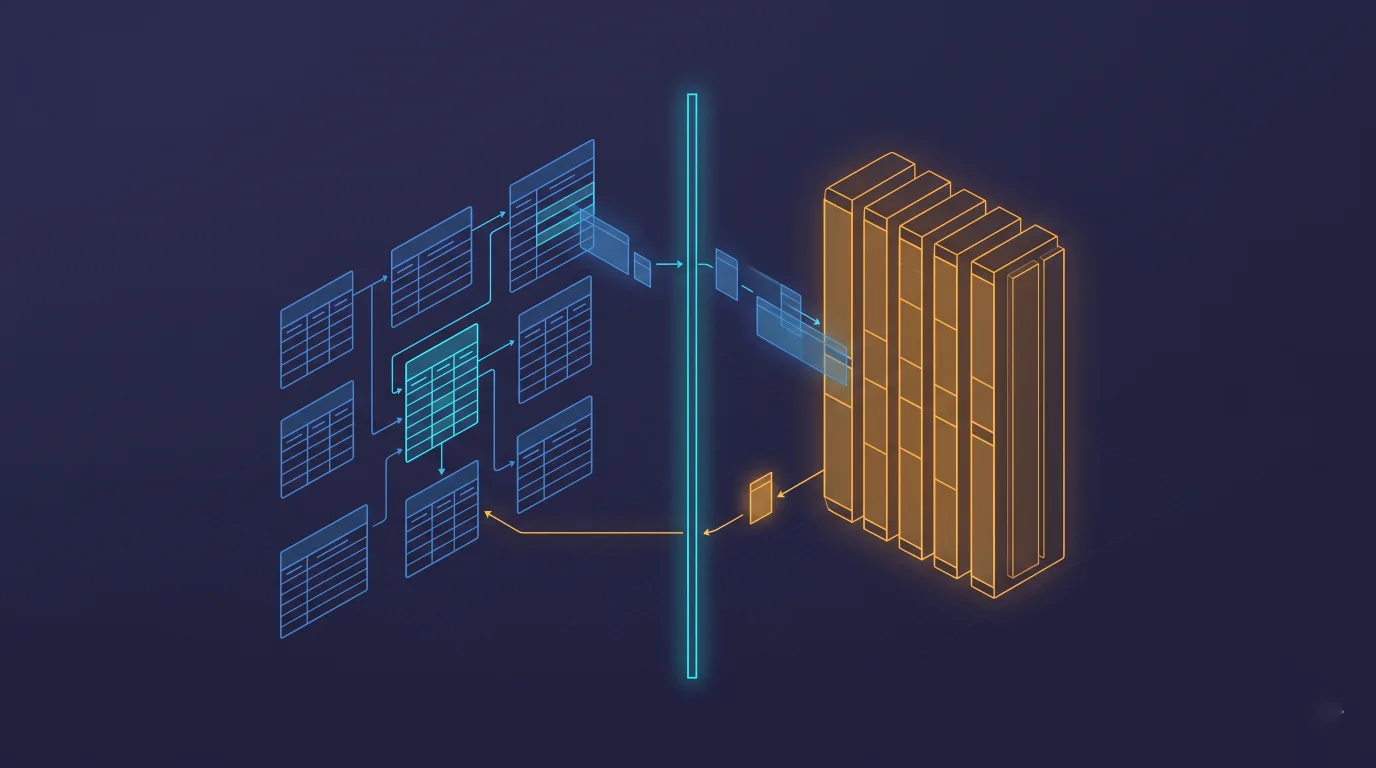 An isometric diagram showing data flow across a boundary line