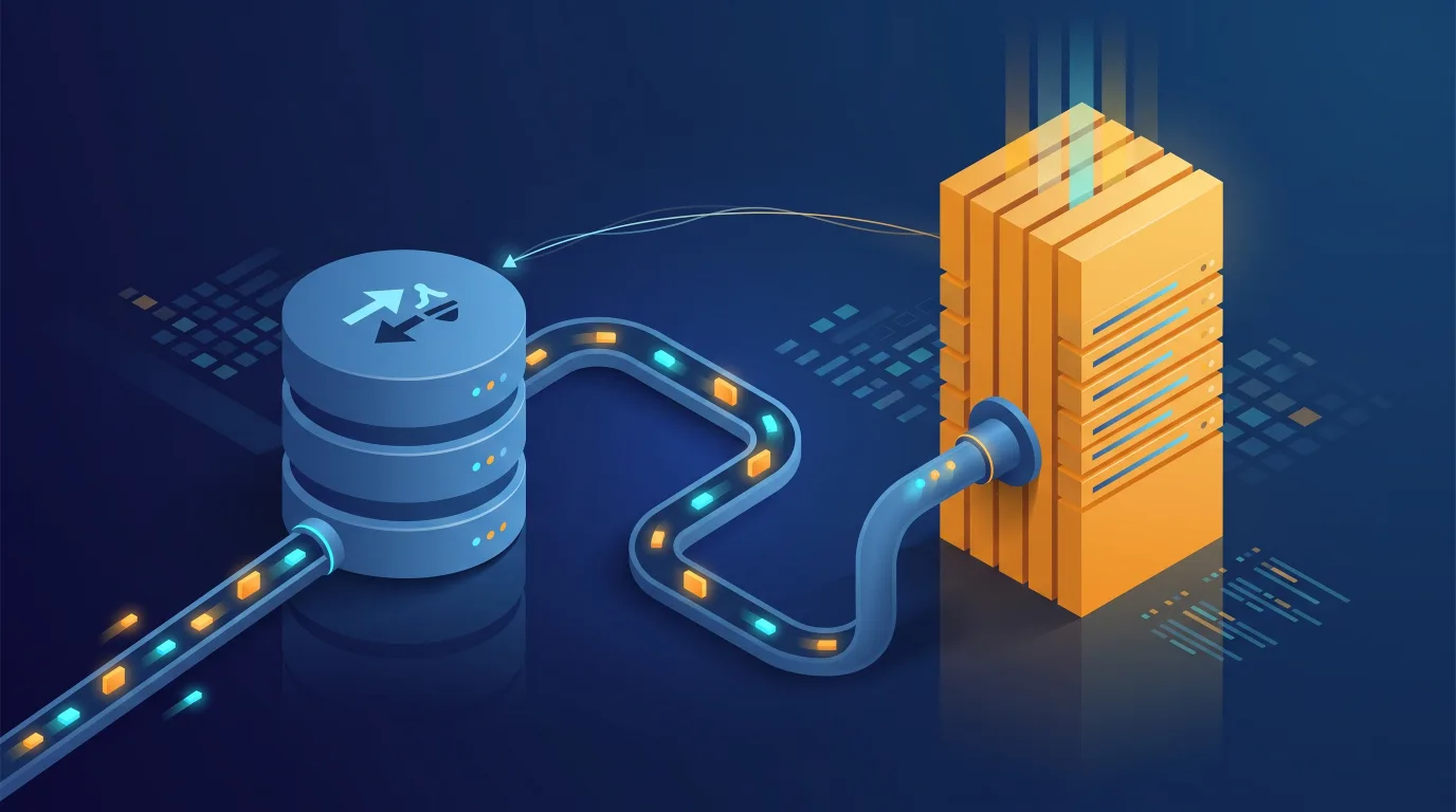 Isometric illustration of database structures connected by a data pipeline